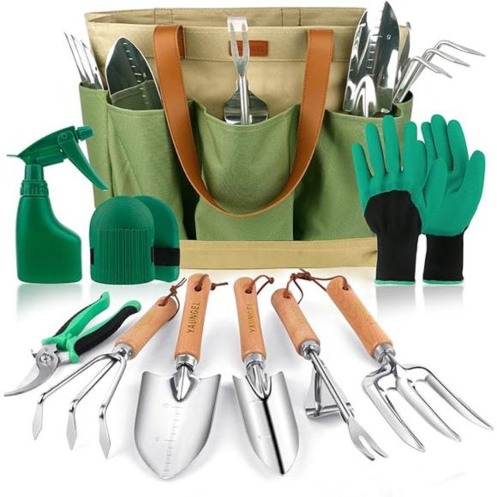 Garden Tools Set, Heavy Duty Stainless Steel Hand Tools w/ Wooden Handle + Bag